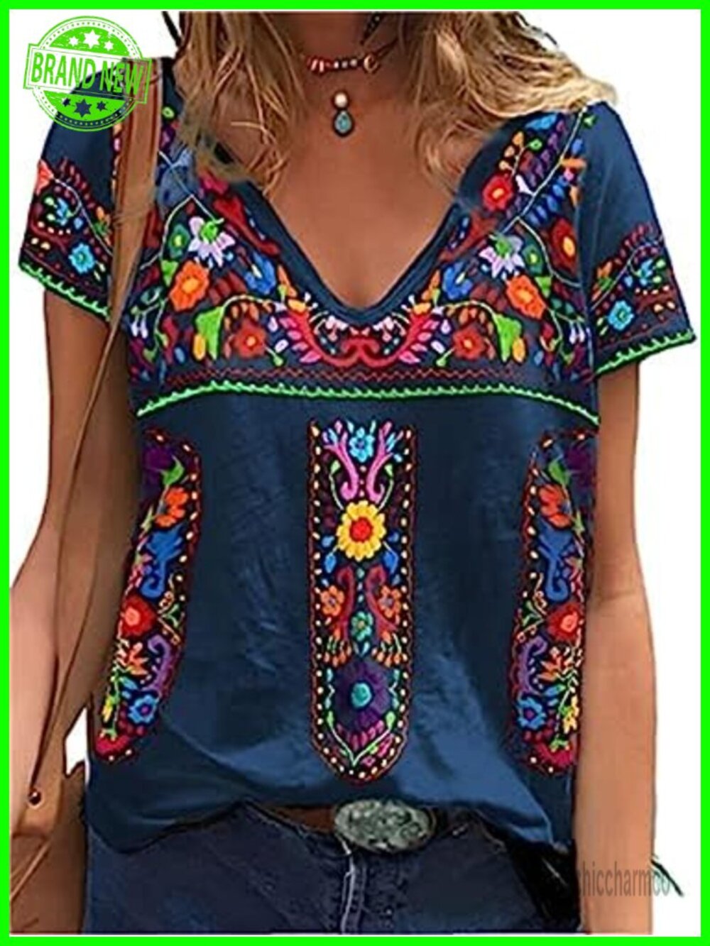 Melliflo Women's Embroidered V-Neck Boho Peasant Top Short Sleeve Mexican